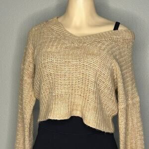 Cozy core Moral Fiber Beige Cropped Knit Sweater V-Neck Long Sleeve cottage core